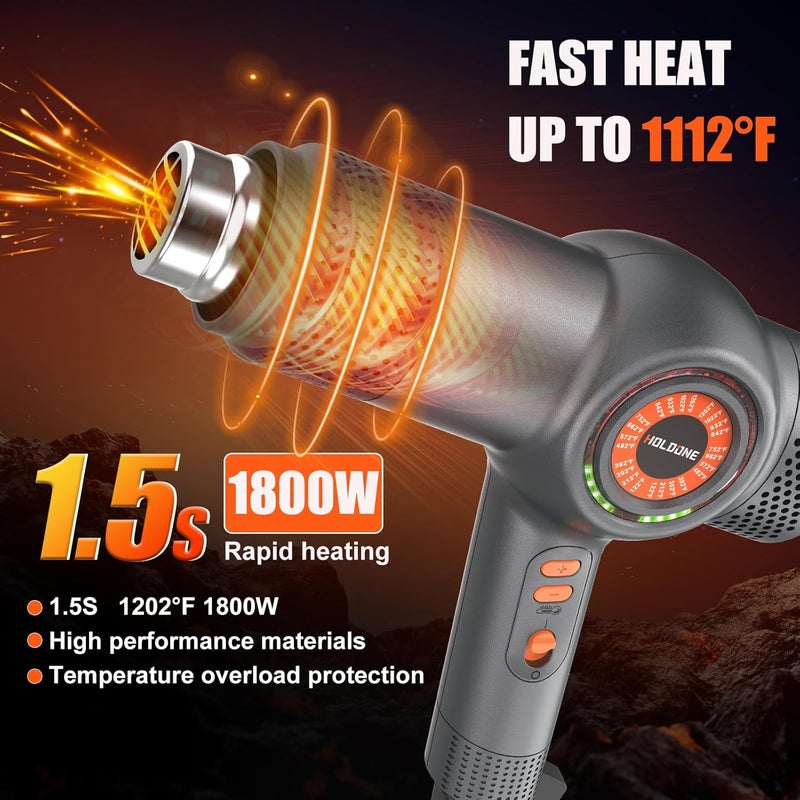 Holdone Heat Gun Fast Heating 1800W 122℉-1202℉ LED 3-color light to display temperature Shrink wrap heat gun with 4 Nozzles for Soften,Car film,Drying - Image 4